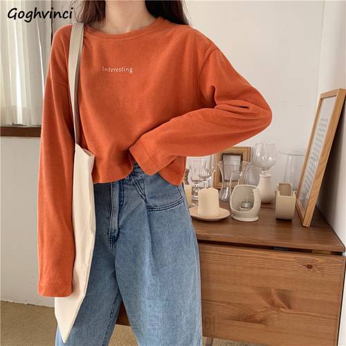 T-shirts Womens Cropped Tops Long Sleeve Letter Printed Sweet Girls O-neck Lovely All-match Chic Female Loose Ulzzang New Trendy