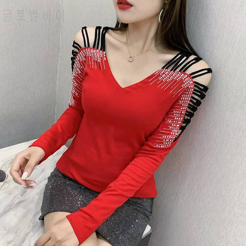 Full Ringstones Sleeve V-neck T-shirts Girls Sexy Hollow Out Tshirt Tops Woman 2021 Autumn Off-Shoulder Clothing