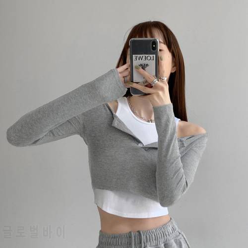 TVVOVVIN 2021 Fashion Fold Fake Two Pieces Long Sleeved Knitted Tops Off Shoulder Autumn Bottomed Shirt Cardigan Women X1NH