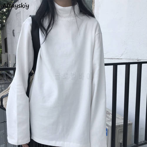 T-shirts Women Turtleneck Pure Color Loose Students Cozy Spring Full Sleeve Ropa Female All-match Mujer De Moda Trendy Ulzzang