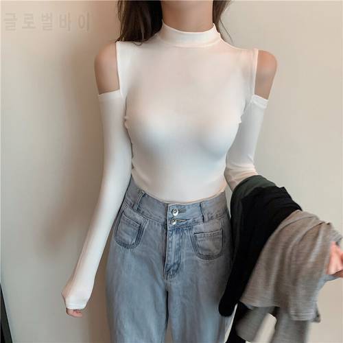 female full sleeve t-shirts tees girls hollow out o-neck sheath sexy off shoulder stretchable tshirt top for women 2020 autumn