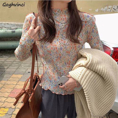 T-shirts Women Turtleneck Korean Retro Sweet Female Simple Spring Casual Aesthetic All-match Office Lady Floral Popular Ruffles