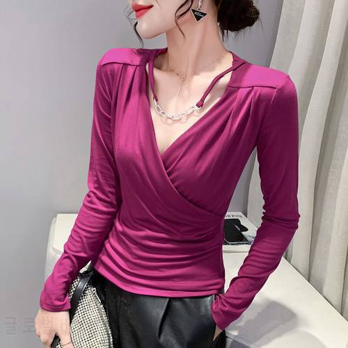 crossed v-neck tees tops long-sleeved 2021 autumn new wrinkled bottoming tshirt women fashion t shirts femme size s-3xl