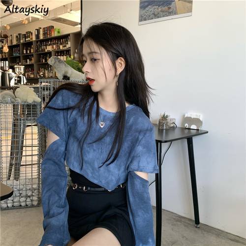 Tie Dye T-shirts Women Blue Removable Sleeve Trendy Korean Style Chic Club Streetwear Popular Female Crop Top Ins Sexy Slim Cozy