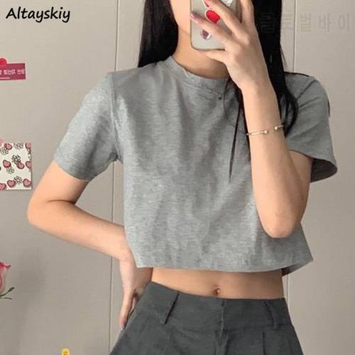 T-shirt Women Cropped Solid Sexy Minimalist Hot Sale Slim Casual Fashion Preppy Chic Basic Tops Korean Style Streetwear Popular