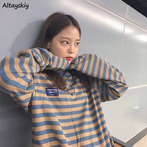 Long Sleeve T-shirts Women Retro Striped Classic Korean College Spring Autumn Teens Tops Tee All-match Daily Lovely Girls Top