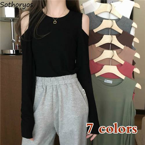 Long Sleeve T-shirts Women 7-color Autumn Bare Shoulder Sexy Slender Basic Tees Chic Fashion Vintage All-match Ulzzang Spring