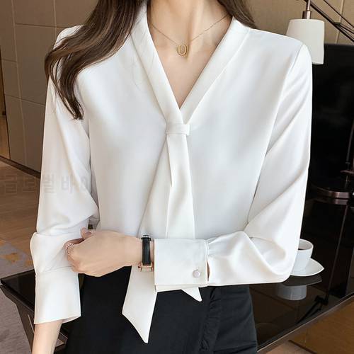 Long Sleeve White Blouse Chiffon Blouse Shirt Blouse Women Blusas Mujer De Moda 2022 Bow V-Neck Office Blouse Tops Blusa E203