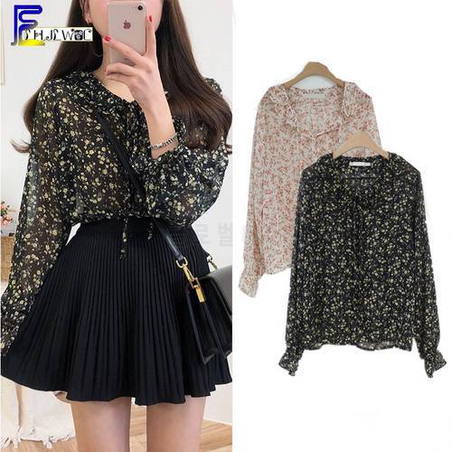 Vintage Korean Style Clothes Design Women Fashion Cute Flare Sleeve Chiffon Blouses Shirts Floral Printed Cute Bow Tie Tops