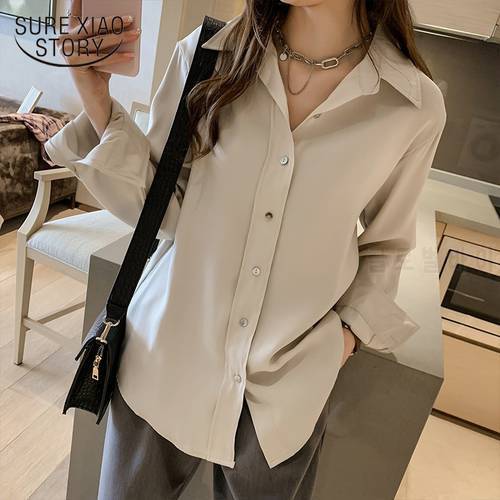 Women Shirts 2021 White Long Sleeve Blouses Turn-Down Collar Solid Ladies Tops OL Style Chiffon Blouse Chemise Femme 7311 50