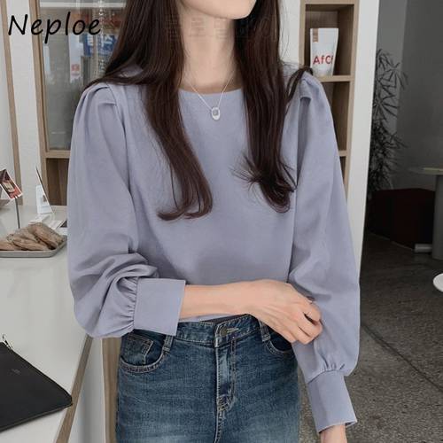 Neploe 2023 Spring New Women Blouse Korean Style Simple O-neck Sweet Fashion Shirts Solid Color All-match Casual Femme Blusas