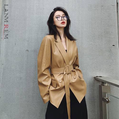 LANMREM Pu Leather Jacket For Woman 2023 Spring Notched Collar Long Sleeve Coat With Belt Female Cool Streetwear Style 2D6139