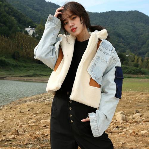 [EWQ] Patchowrk Lambswool Denim Jacket Wool Liner Wde Waisted Turn Down Collar Women Patchwork Coat 2023 Spring Autumn New