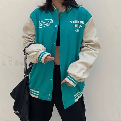 Women Letter Print Bomber Jacket Long Sleeve Pocket Patchwork Oversize Baseball Uniform 2021 New Korean Style Harajuku Coat