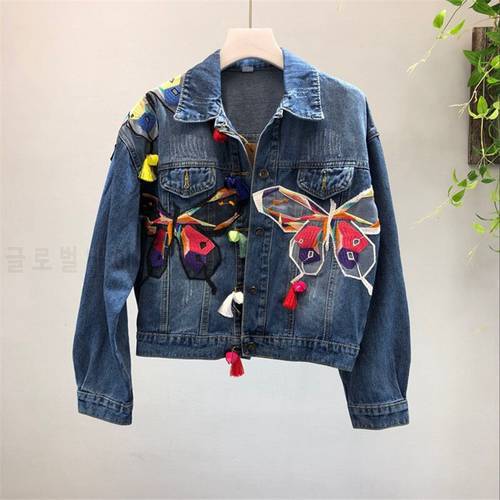 2020 Autumn Women Denim Jacket Heavy Industry Embroidery Applique butterfly Jeans Jacket Coats Tassel Short Jacket Outerwear