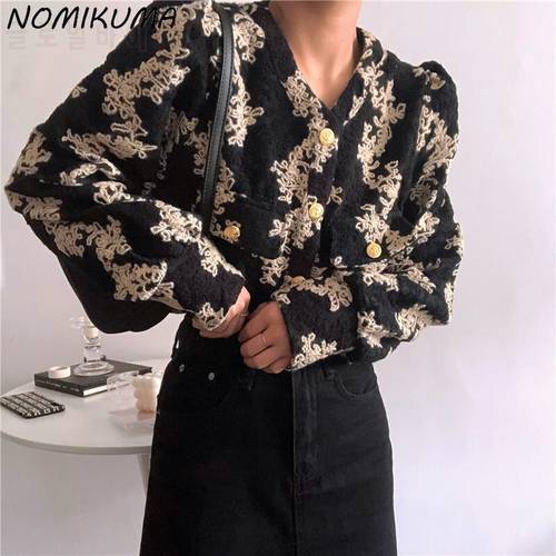 Nomikuma Korean Elegant Floral Hook Jacket Women Puff Sleeve Short Coat Causal Single Breaste V-neck Autumn 2021 Outwear 6Z021