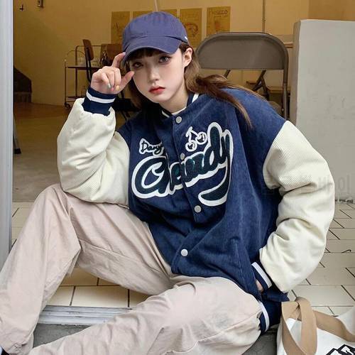 Vintage Letter Embroidery Baseball Uniform Long Sleeve Paocket Buttons Jackets Girls Preppy Style Casual Loose Baseball Jackets