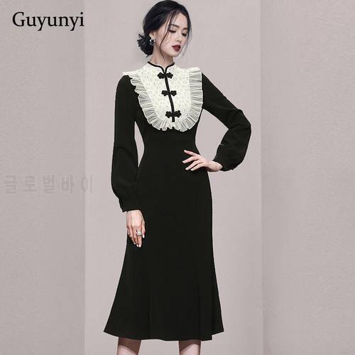 Elegant Party Dress 2022 Spring Stand-Up Collar Vintage Buckle Decorative Ruffled Puff Sleeves Temperament Black Women&39s Dresses
