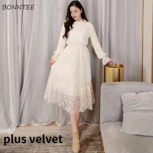 Long Sleeve Dress Women Autumn New Lace Patchwork French Style Tender Mid-calf Casual Sweet Elegant All-match Aesthetic Cozy