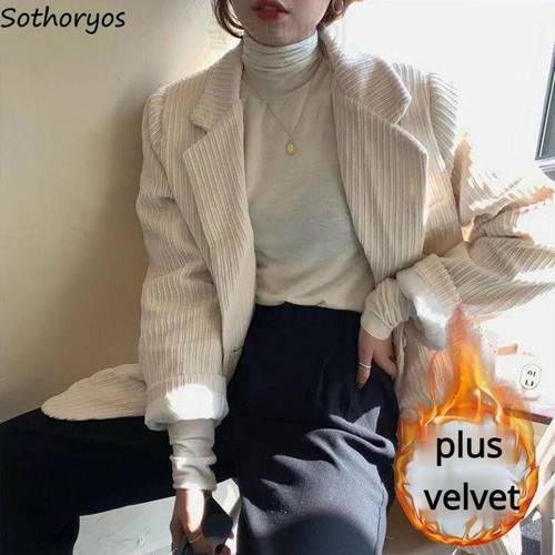 Corduroy ThickeningBlazer Women Solid Design Single Breasted Loose Hong Kong Style Retro Chic Soft Fashion Ulzzang All-match