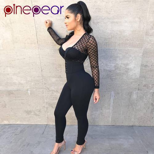 PinePear Sexy Mesh Jumpsuit Women 2020 NEW Winter Long Sleeve Transparent Lace Up Bandage Bodycon Romper Clubwear Shipping