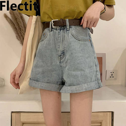 Flectit Vintage 90s Mom Shorts Female High Waist Rolled Hem Jeans Shorts For Women Student Girl Streetwear