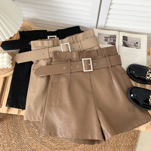 2021autumn and winter leather shorts female new Korean version of high waist wide leg loose a word PU soft leather