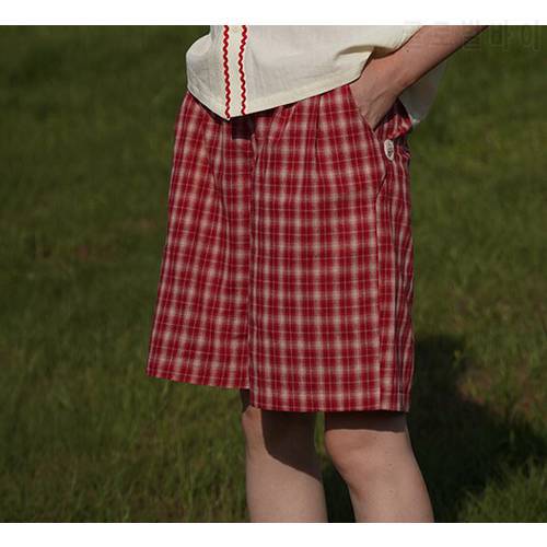 Bebobsons New Design Casual Loose Women Cotton Shorts Red Plaid Printed High Waist Cartoon Embroidery Obove Knees