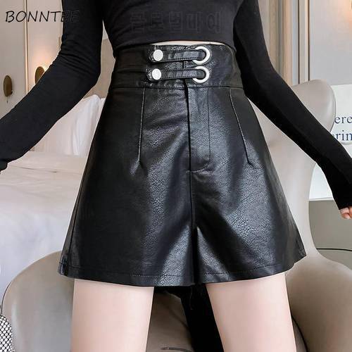 Shorts Womens Solid High Waist PU Leather Elegant Loose Temperament Hot Sale Korean Version All-match Autumn Feminino Trousers