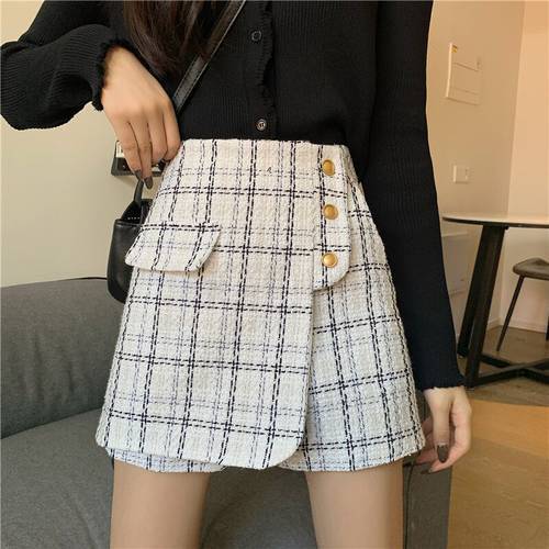 Plaid Tweed Shorts Women Vintage Elegant Office Lady Woolen Short Pants Harajuku Autumn Winter Shorts Skirt M445