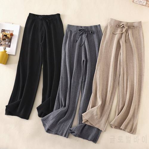 Knitted Thick Wide-leg Pants Women&39s Autumn and Winter High Waist Loose Drape Straight Casual Long Pants Loose Stripes Trousers
