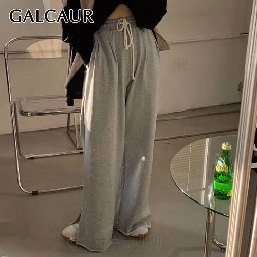 GALCAUR Casual Trouser For Women High Waist Loose Drawstring Side Split Solid Full Length Wide Leg Pants Female 2021 Clothes New