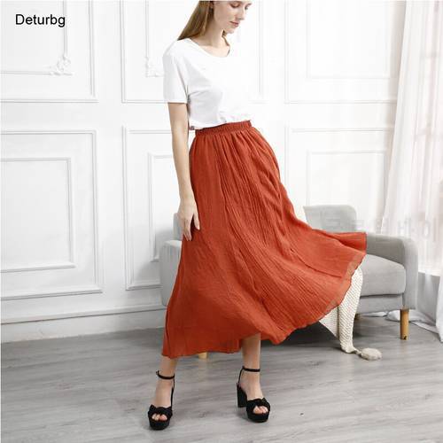 Women&39s Elegant Cotton Linen Pleated Long Skirts Female High Waist Elastic Waist Slim Casual Skirt Saias New 2021 Autumn SK902
