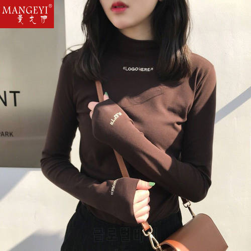 Women&39s Cotton Turtleneck Embroidered Letters Autumn and Winter Tight Long-Sleeved T-shirt Women&39s Top 12289