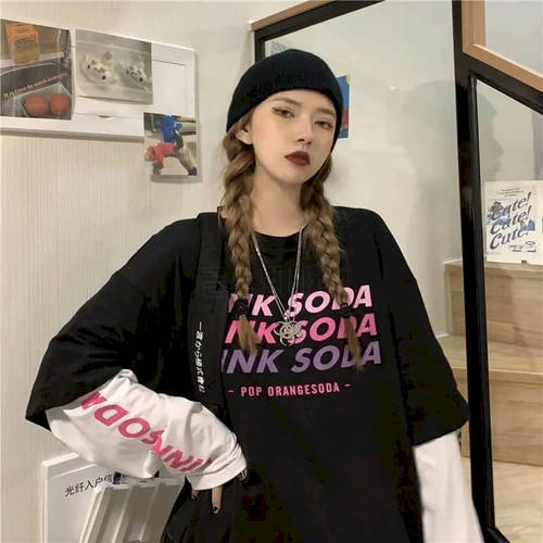 2022 Autumn Fake Two-piece Splicing Long Sleeve T-shirt Female Korean Loose Harajuku Style Graphic T Shirts Tops Gothic Fashion