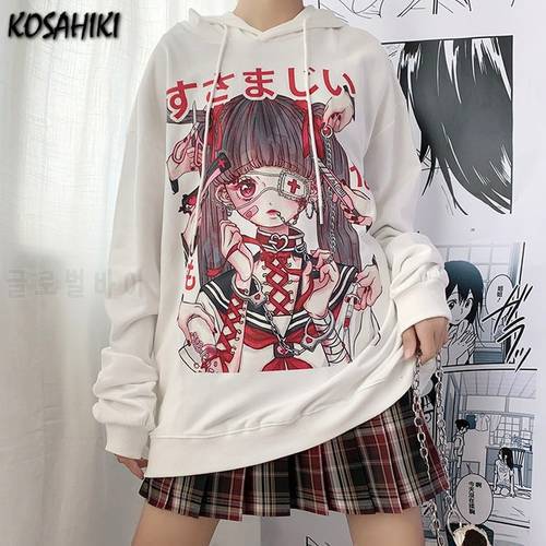 KOSAHIKI Harajuku Anime Hoodies Women Autumn Japanese Cartoon Crew Neck Sweatshirt 2023 Streetwear Loose Hip Hop Pullovers