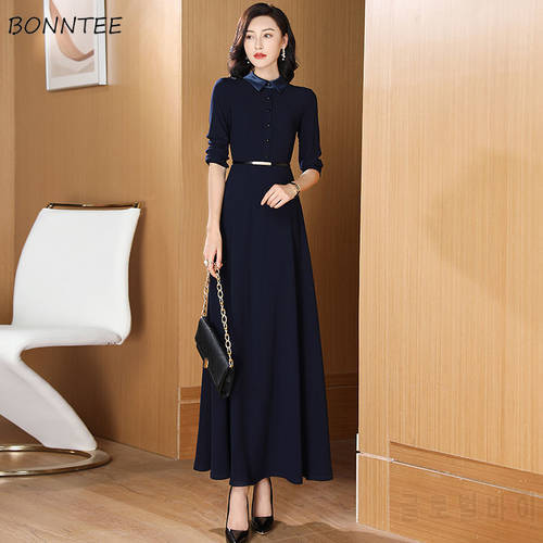 Long Sleeve Dress Women Retro Korean Turn-down Collar All-match Elegant High Waist Spring Autumn Clothing Cozy Simple Vestidos