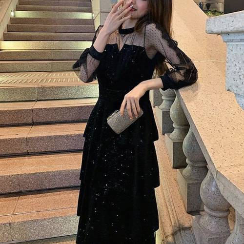 2021 Winter Evening Party Dress Women Lace Design Korean Fashion Vintage Y2k Midi Dress Long Sleeve Black Cupcake Dress Female