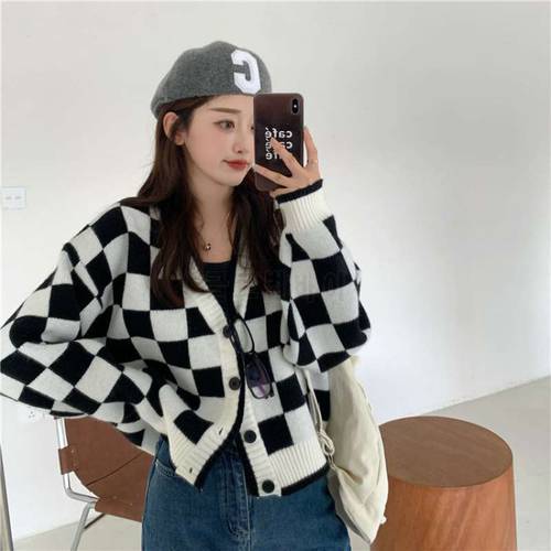 Vintage Checkerboard Cardigan for Women V-Neck Loose Winter Clothes Women Korean Chic Fashion Outwear Oversized Knitted Cardigan