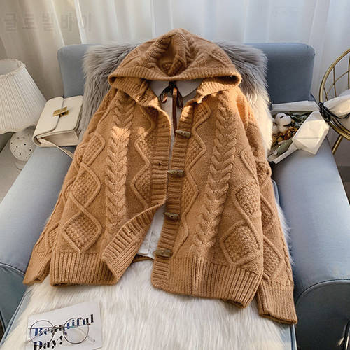 Hooded twist sweater jacket women&39s loose size 2021 autumn and winter new loose casual thick lantern sleeve knitted cardigan