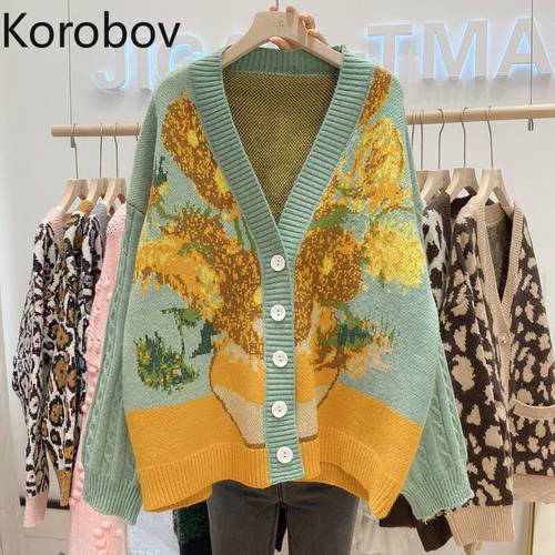 Korobov 2021 Autumn New Vintage Harajuku Sweaters Korean Floral Embroidery V Neck Midi Length Cardigans Japanese Kawaii Cardigan