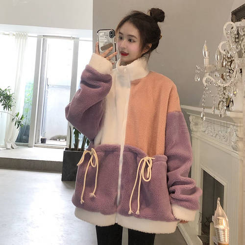 Fall/winter New Contrast Color Drawstring Imitation Lamb Hair Loose Large Size Stand Collar Long Sleeve Jacket Women