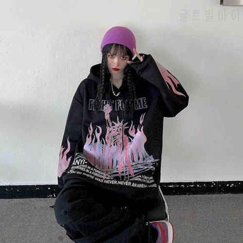 2022 Autumn Winter Hoodies Women Plus Velvet Long Sleeve Jacket Oversized Sweatshirt Korean Goth Clothes Harajuku Tops Print
