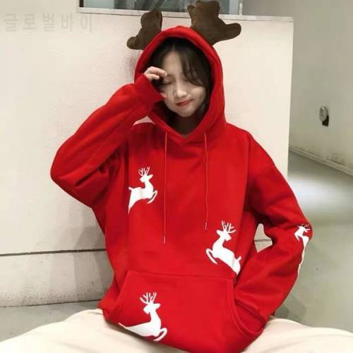 Oversized Hoodie Christmas Elk Print Kawaii Hooded Sweatshirts Pullovers Warm Winter Clothes Women Korean Fashion Couple Outfit
