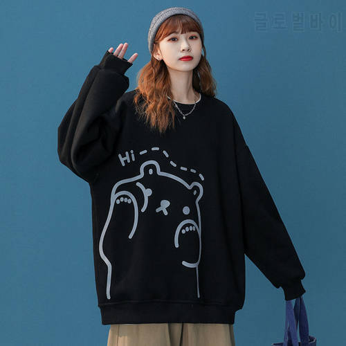 Kawaii Cartoon Bear Print Women&39s Sweatshirt Harajuku Hoodie Autumn Pullovers O-Neck Loose Oversized Hoodie Korean Sweatshirts
