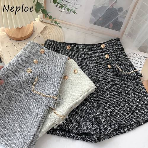 Neploe Double-breasted High-waist Tweed Short Pant Female A-line Wide-leg Casual Shorts Women Autumn 2023 Pockets Short Trousers