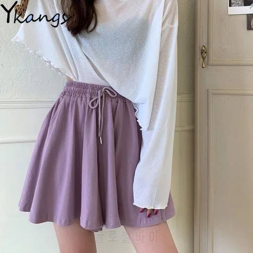 Women Wide Leg Shorts Skirt Solid Simple High Waist Elastic Loose Slim All-match Korean Fashion Style Students Daily Leisure New