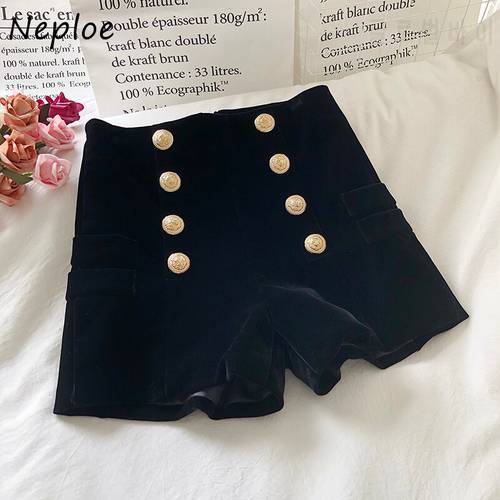 Neploe High Waist Gold Velvet Wide Leg Shorts Chic Double Breasted Zip Bottoms Autumn Winter Fashion All-match Casual Ropa Mujer
