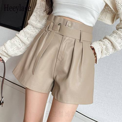 Autumn Winter Women&39s Faux PU Leather Shorts with Belted 2022 New High Waist Ladies Elegant Short Trousers Pocket Female