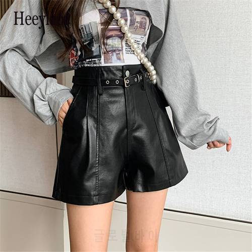 2022 New Autumn Winter Black Women&39s PU Leather Shorts with Belted High Waist Ladies Elegant Short Trousers Female